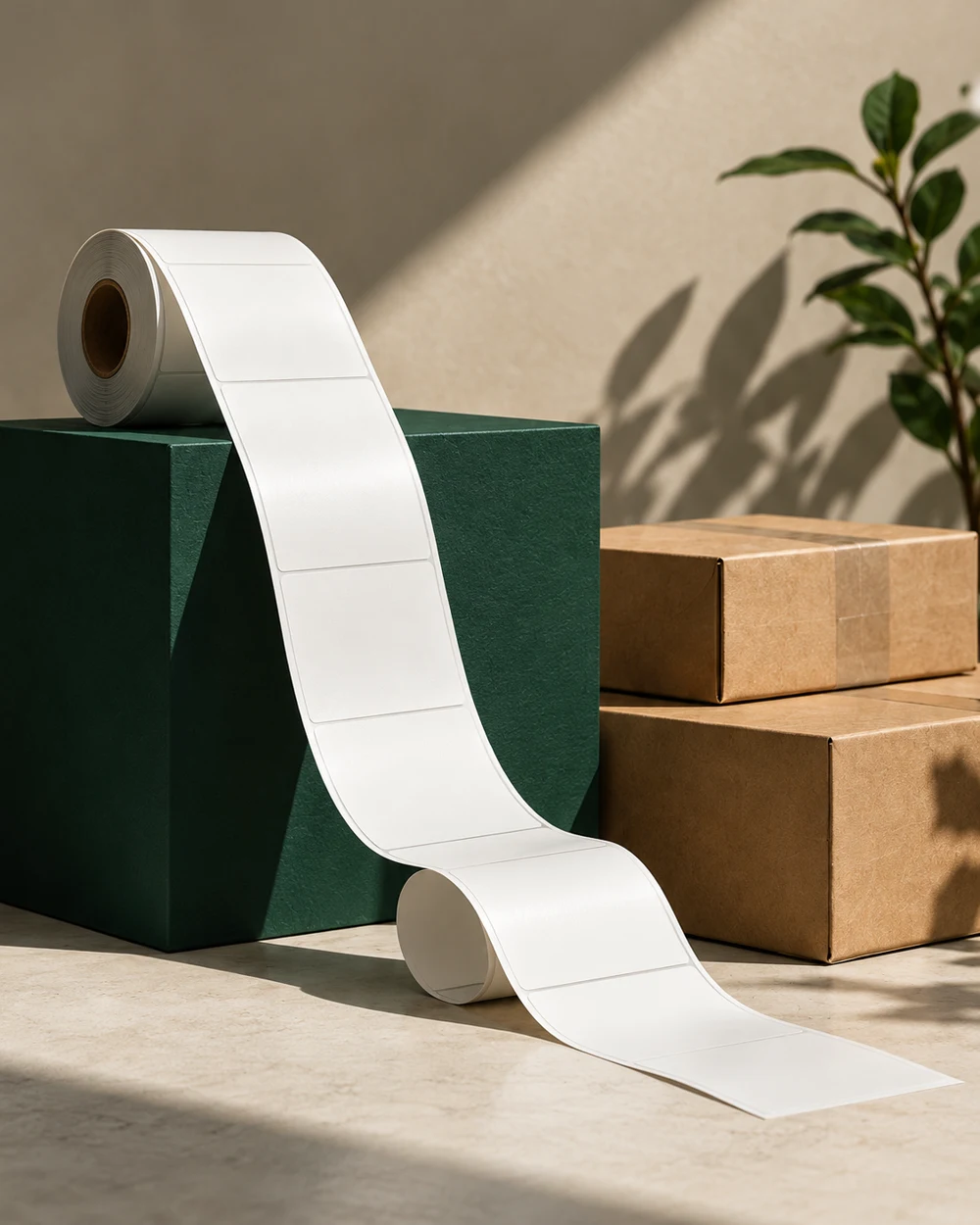A white label ribbon, forest-green plinth, and kraft shipping boxes in natural light; original editorial artwork